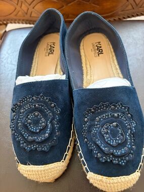 Karl Lagerfeld Navy Suede Espadrilles with Floral Stud Appliqués